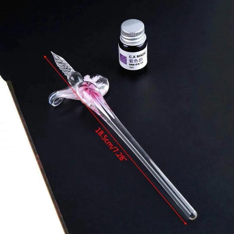 Zestaw szklanych długopisów do kaligrafii z tuszem i podstawką pod pióro - obrazek 2